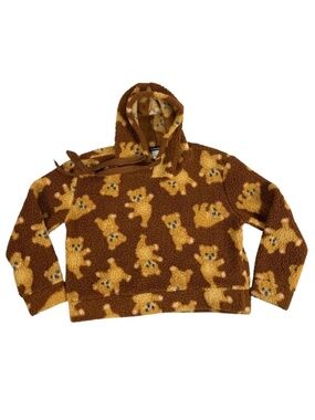 Weekending Teddy Bear Fleece Pullover Sweater Women's M Cozy Hooded Cropped Y2K